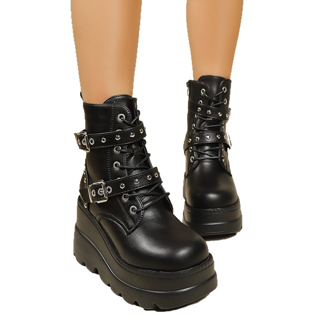 Damen Gepolsterte Plateau-Biker-Stiefeletten mit Schnallen und Nieten Echo Archiv