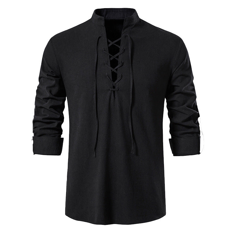 Herren lässiges Langarmshirt mit innovativer Schnürung und modernem Stehkragen Echoarchiv