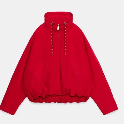 Damen Oversize Cropped Kapuzenjacke mit durchgehendem Reißverschluss, Kordelzug und gerafftem Saum Echo Archiv