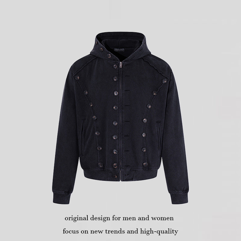 Herren Kapuzen-Zipjacke mit dekorischer Knopfreihe, vintage-inspirierter Waschung und elastischem Saum Echoarchiv