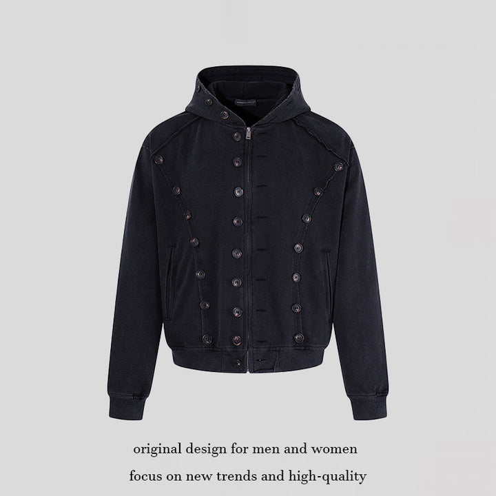 Herren Kapuzen-Zipjacke mit dekorischer Knopfreihe, vintage-inspirierter Waschung und elastischem Saum Echoarchiv
