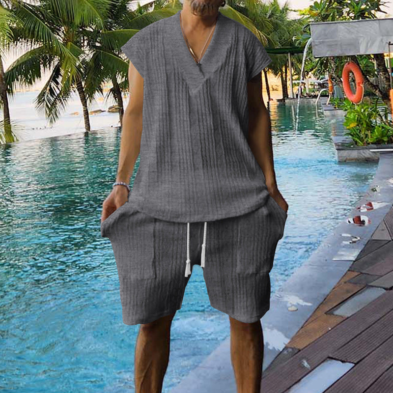 Herren lässiges Kurzarm-Oberteil und Shorts-Set im strukturierten Design Echoarchiv