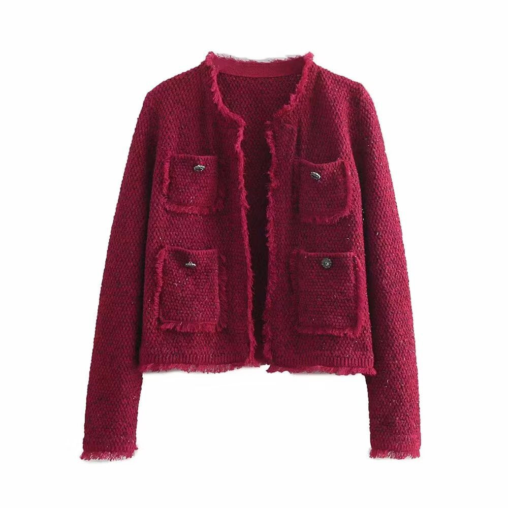 Damen kurze Bouclé‑Tweed‑Jacke mit Fransenbesatz, aufgesetzten Pattentaschen und Rundhalsausschnitt Echoarchiv