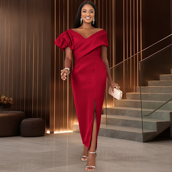 Damen Elegantes Maxikleid mit asymmetrischem Ausschnitt und voluminösen Puffärmeln Echo Archiv