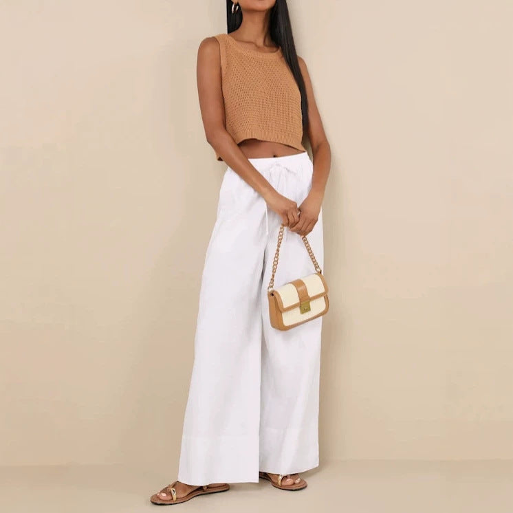 Damen Weite Leinenhose mit elastischem Bund und seitlichen Taschen Echoarchiv