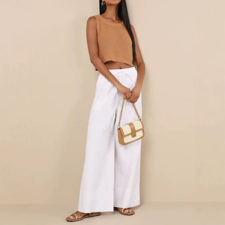 Damen Weite Leinenhose mit elastischem Bund und seitlichen Taschen Echoarchiv