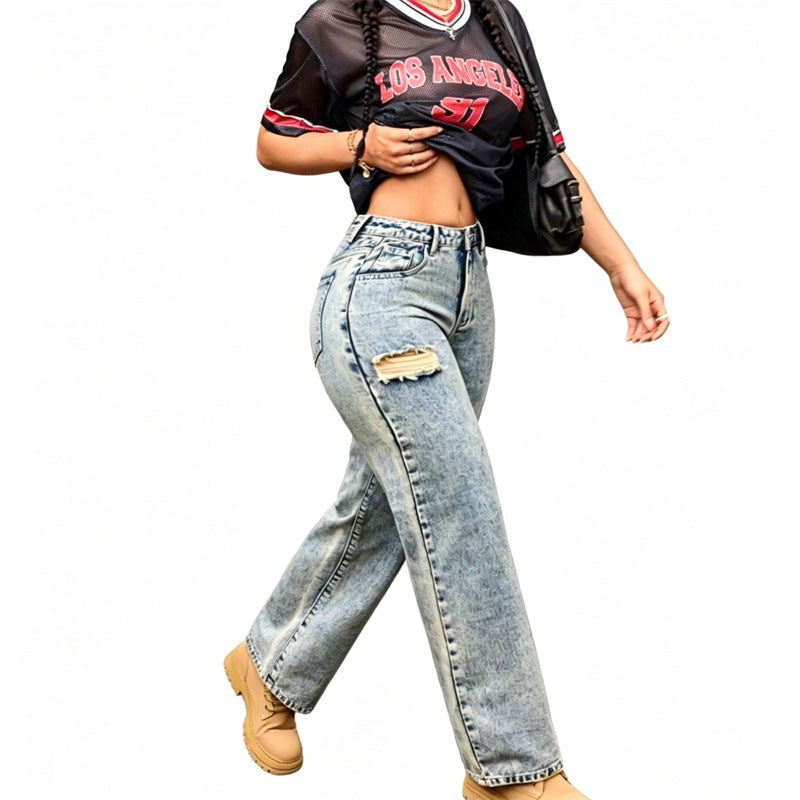 Damen High-Waist Relaxed-Jeans mit Steinwasch-Effekt und seitlichem aufgerissenem Einsatz Echo Archiv