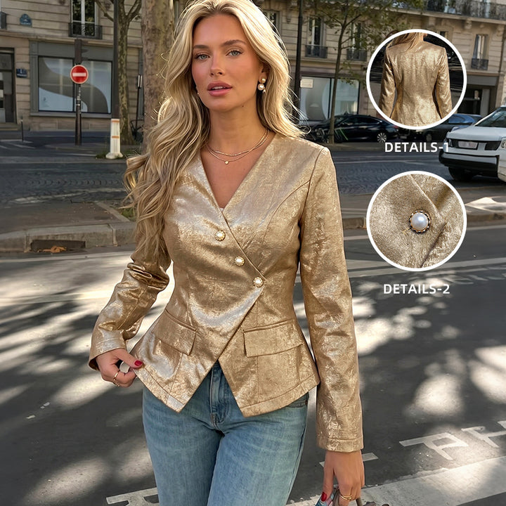 Damen Taillierter Metallic-Blazer mit Perlenknopfleiste und Schößchen – Valéne