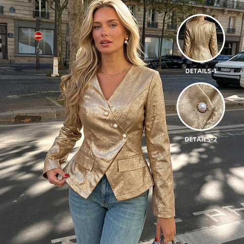 Damen Taillierter Metallic-Blazer mit Perlenknopfleiste und Schößchen – Valéne