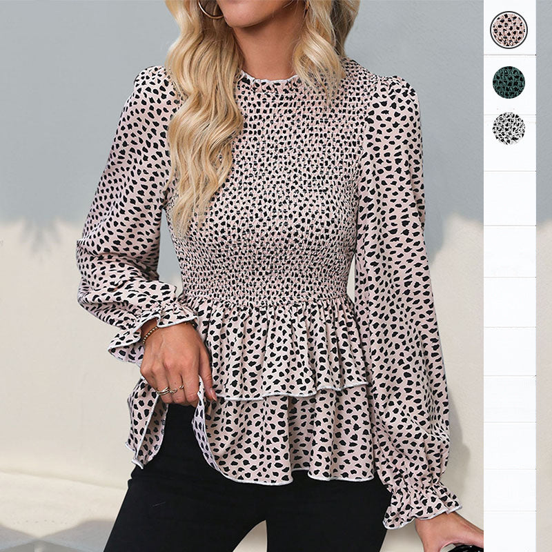Damen Gesmoktes Chiffon-Blusenshirt mit Stufen-Peplum und Rüschenärmeln Echoarchiv