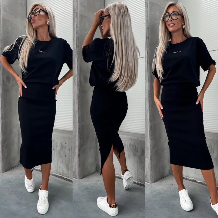 Damen zweiteiliges Strick-Set mit oversized Boxy-Shirt und figurumspielendem Midirock mit Seitenschlitz – Élanora