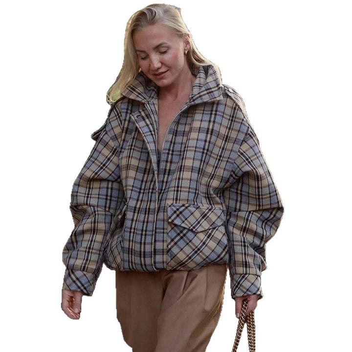 Damen Oversize-Karomantel im Boxy‑Schnitt mit Reißverschluss und Schulterklappen Echoarchiv