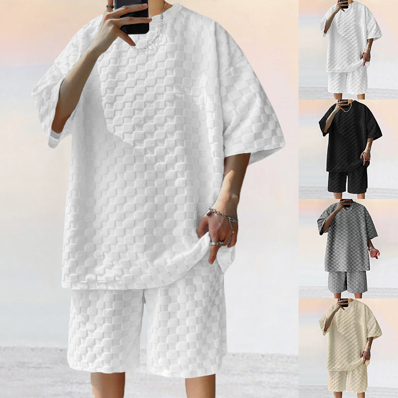 Unisex nan übergroßes Freizeit-Set aus strukturierter Waffelqualität mit Rundhalsausschnitt und locker sitzender Bermudashorts Echo Archiv