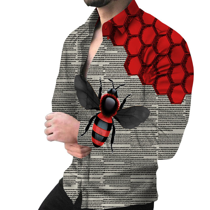 Herren Kreatives Langarmhemd mit künstlerischem Bienenmuster und strukturiertem Design Echoarchiv