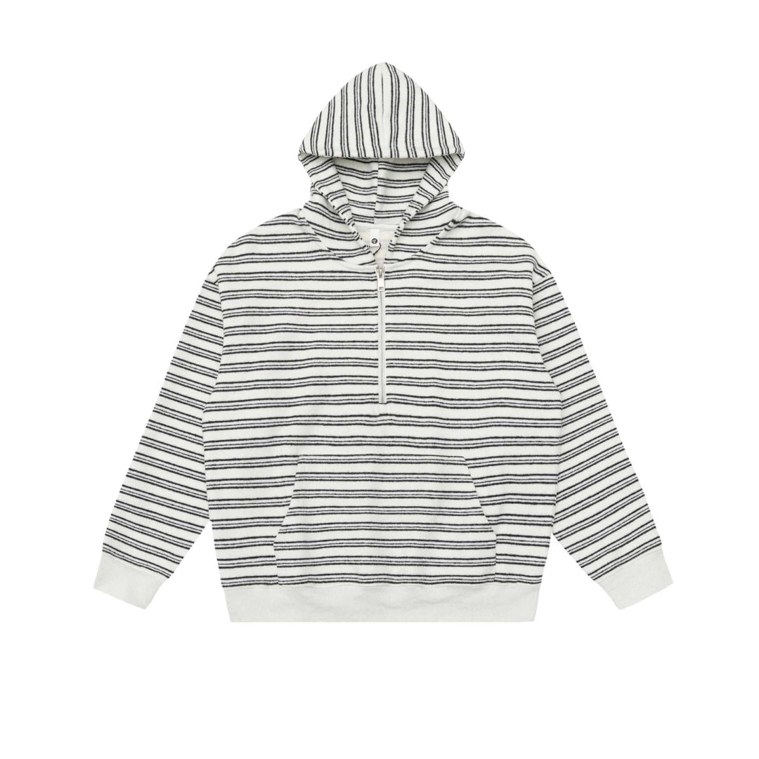 Unisex Gestreiftes Kapuzensweatshirt mit halbem Reißverschluss und Kängurutasche Echoarchiv