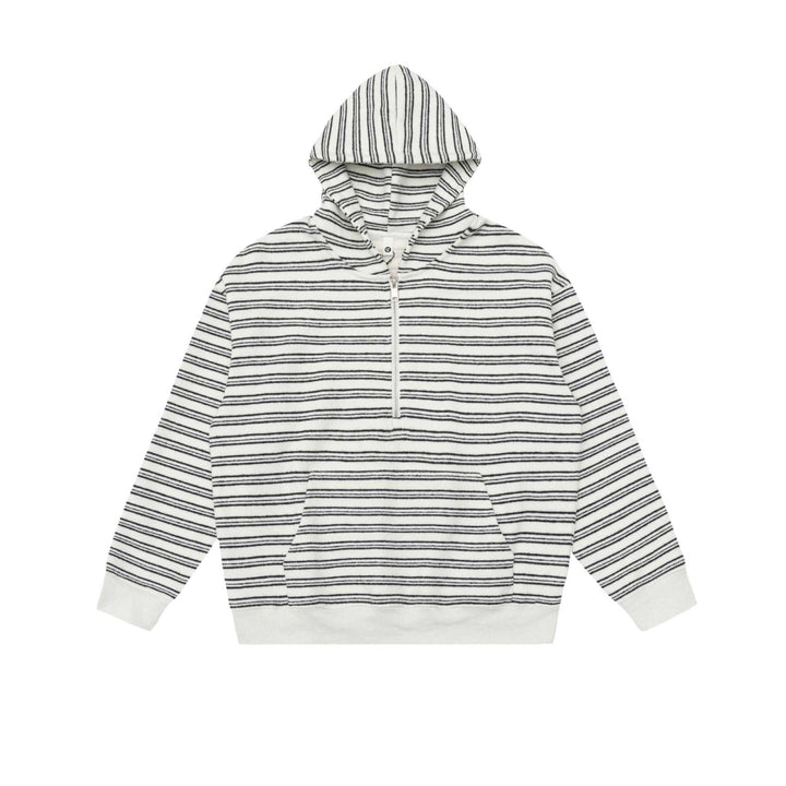 Unisex Gestreiftes Kapuzensweatshirt mit halbem Reißverschluss und Kängurutasche Echoarchiv