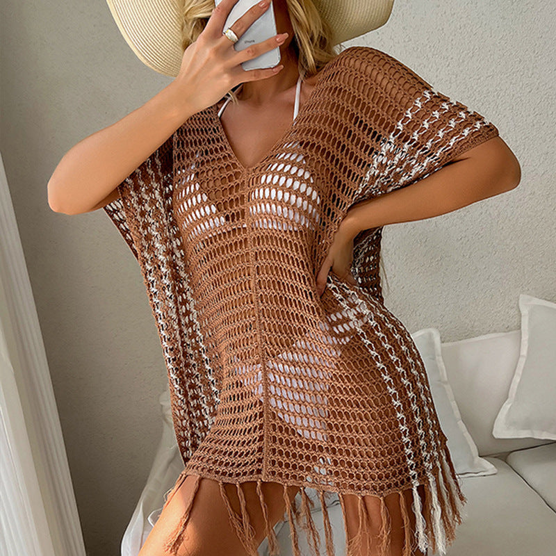 Damen luftiger Häkel-Strandüberwurf mit fransigen Details Echo Archiv