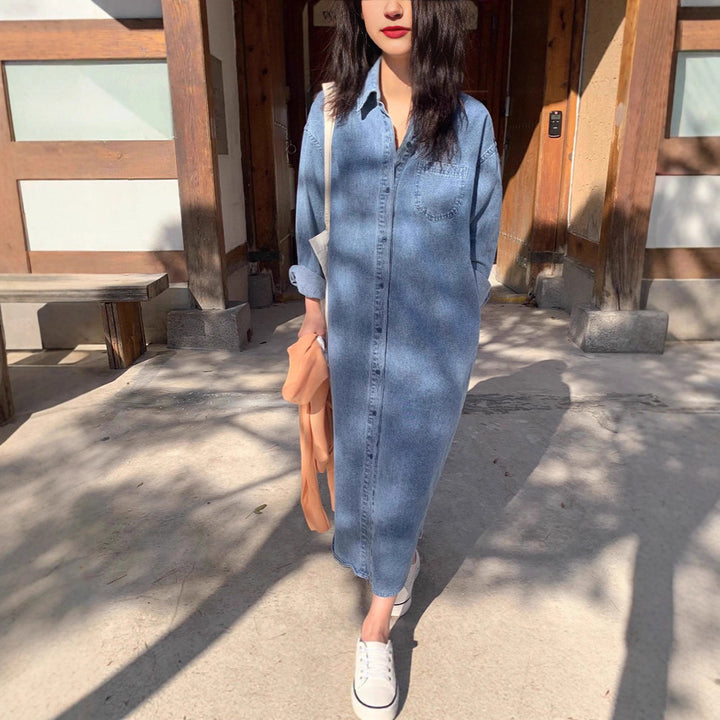 Damen Langes Oversize-Denim-Hemdblusenkleid im washed-Look mit Brusttasche und umgeschlagenen Ärmeln – Valéora