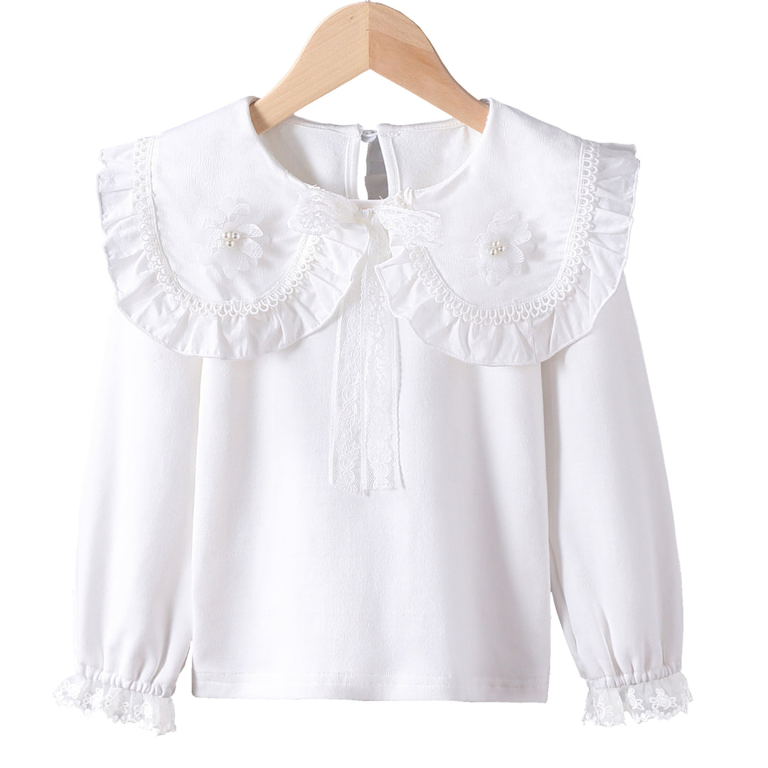 Mädchen Bluse mit rüschenverziertem Kragen und feinen Blumenapplikationen Echo Archiv