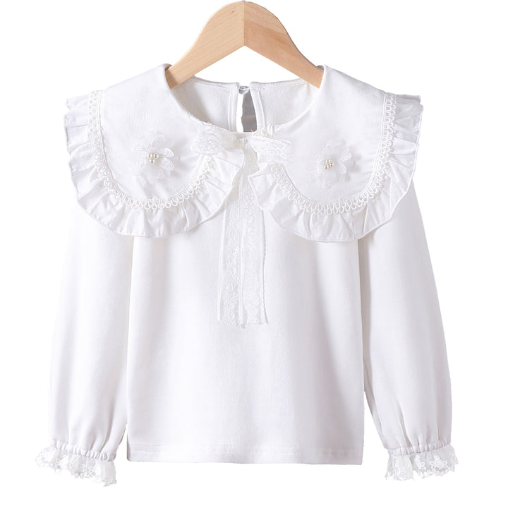 Mädchen Bluse mit rüschenverziertem Kragen und feinen Blumenapplikationen Echo Archiv