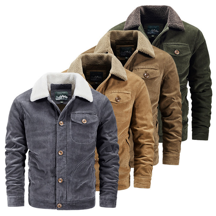 Herren Cord-Truckerjacke mit wärmendem Sherpa-Kragen und Holzknopffront – Taviero