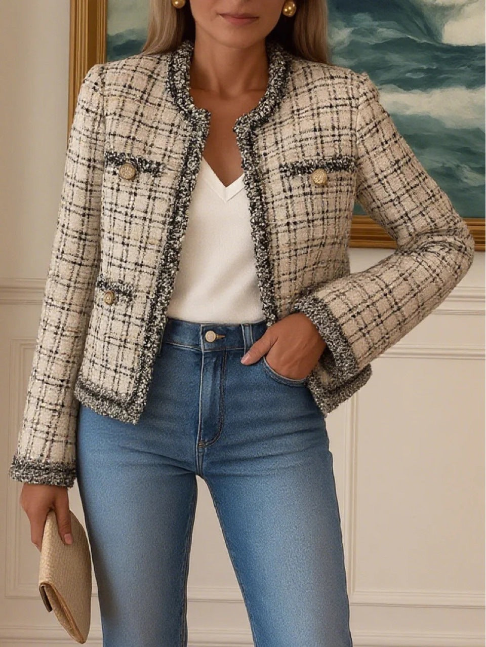 Damen nan kurze Bouclé-Tweedjacke im klassischen Schnitt mit Fransenbesatz und Zierknöpfen Echo Archiv