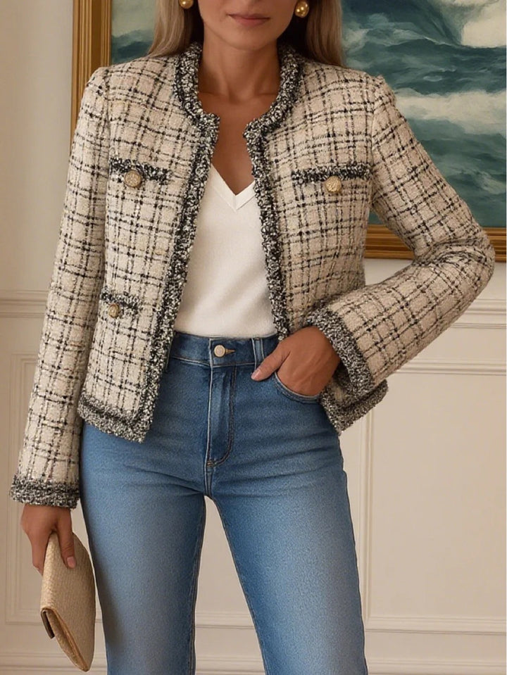 Damen nan kurze Bouclé-Tweedjacke im klassischen Schnitt mit Fransenbesatz und Zierknöpfen Echo Archiv