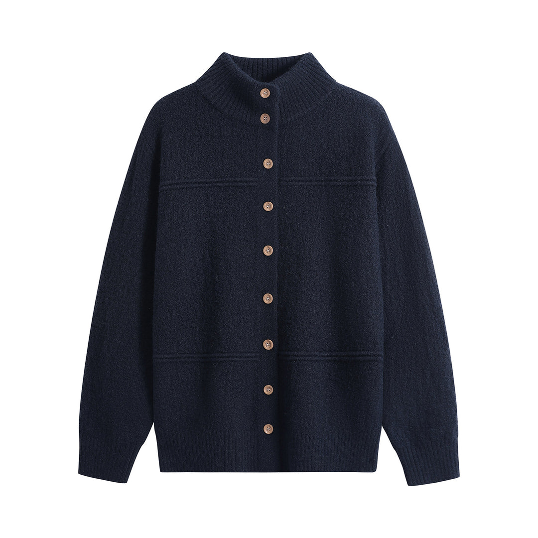Damen Langer Oversize-Wollmix-Cardigan mit hohem Rippenkragen und Vintage-Knöpfen Echoarchiv