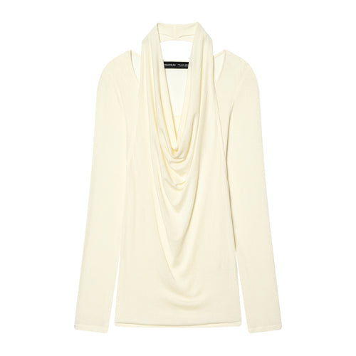Damen drapiertes Langarmshirt mit tiefem Wasserfall-Cowl-Ausschnitt aus feinem Jersey – Avérine