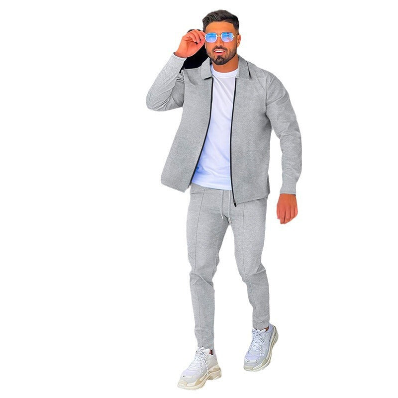 Herren Strukturiertes Waffel-Loungewear-Set mit Kragen-Halbzip & Kordelzughose – Cavarno