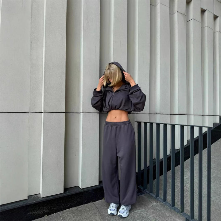 Damen nan kurz geschnittenes Zip-Hoodie und Highwaist Sweathose Lounge-Set mit Kapuze Echo Archiv