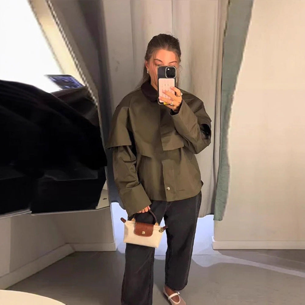Damen Kurztrenchjacke mit Cape-Overlay und Oversize-Ärmeln Echoarchiv