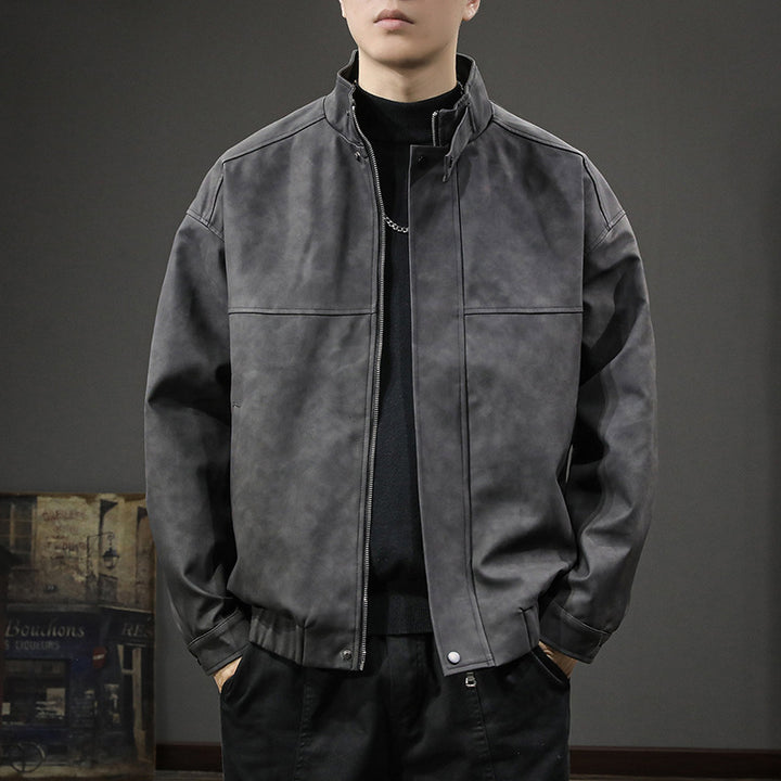 Herren Minimalistische Vintage-Kunstleder-Bomberjacke mit Stehkragen und verdeckter Druckknopfleiste Echoarchiv
