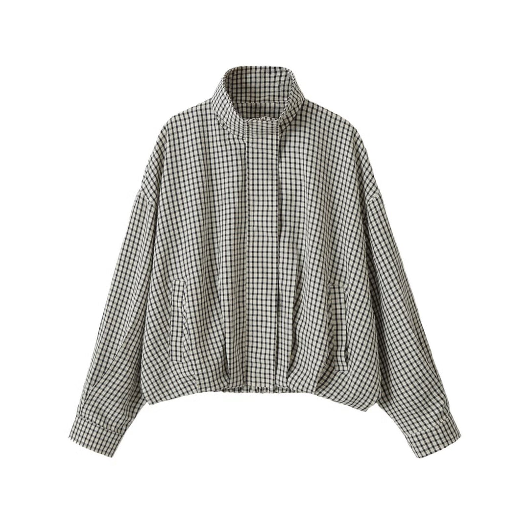 Damen Oversize Kurzblouson im Karo-Design mit hohem Stehkragen und Tunnelzugsaum Echo Archiv