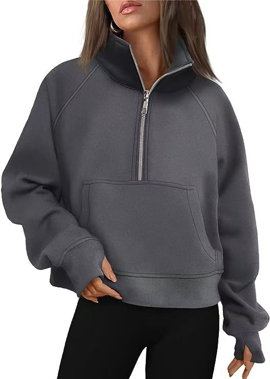 Damen nan kurzer Halfzip-Sweater mit hohem Stehkragen, Kängurutasche und verlängerten Daumenlöchern Echo Archiv