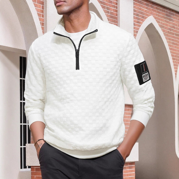 Herren strukturierter Stehkragen-Halbzip-Pullover mit Karosteppung, elastischen Bündchen und Ärmel-Patch – Norvane