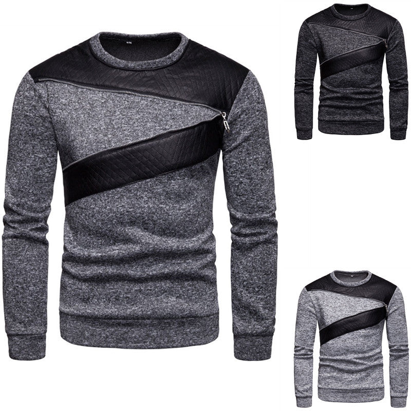 Herren stylischer Sweatpullover mit asymmetrischem Leder-Einsatz Echoarchiv