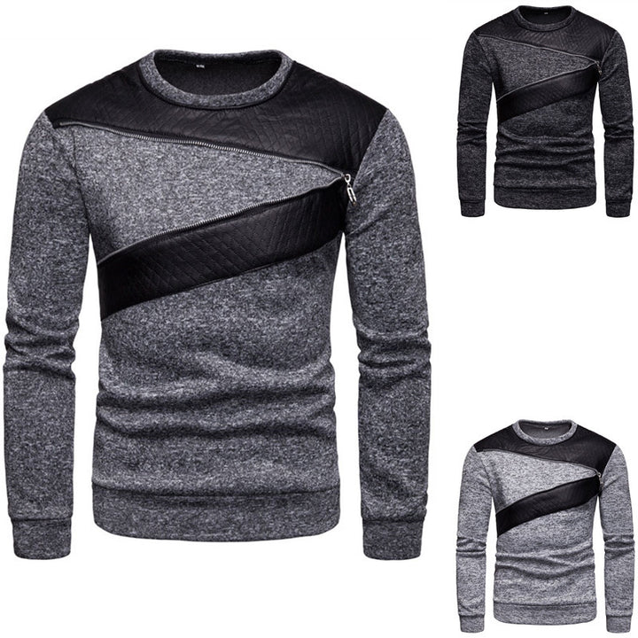 Herren stylischer Sweatpullover mit asymmetrischem Leder-Einsatz Echoarchiv