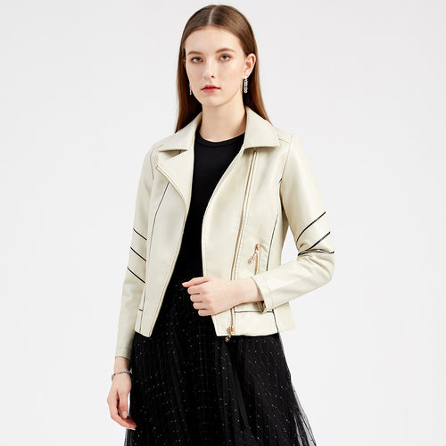 Damen nan taillierte Kunstleder-Bikerjacke mit asymmetrischem Reißverschluss und Ziernähten Echo Archiv