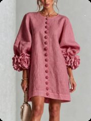 Damen Kurz geschnittenes Leinenkleid mit 3D‑Blütenärmeln und mittiger Knopfleiste Echo Archiv