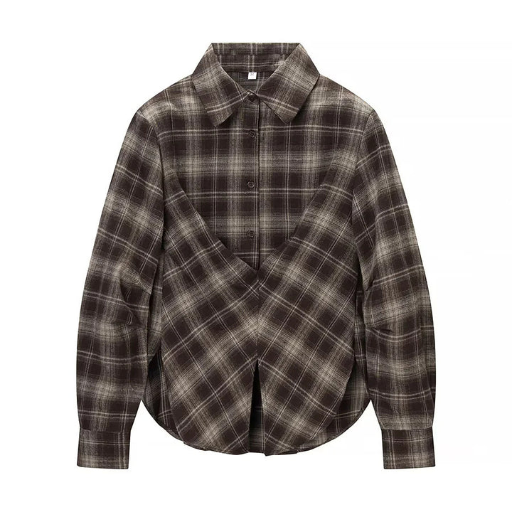 Damen nan überlappende Karo-Bluse mit V-Front, gekreuztem Saum und Manschetten Echo Archiv