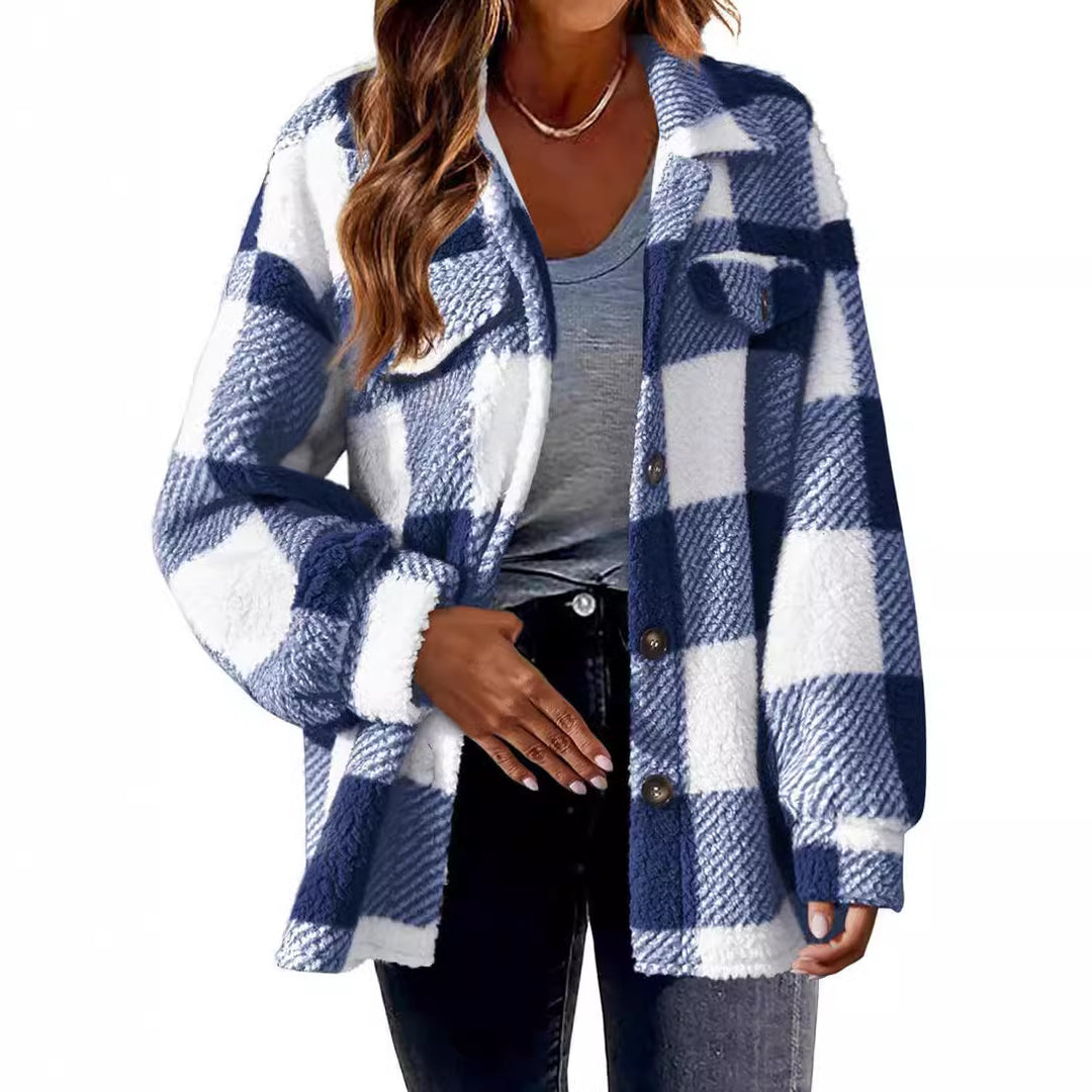 Damen nan kuschelige Sherpa-Karo-Übergangsjacke mit Brusttaschen und großzügigem Oversize-Schnitt Echo Archiv