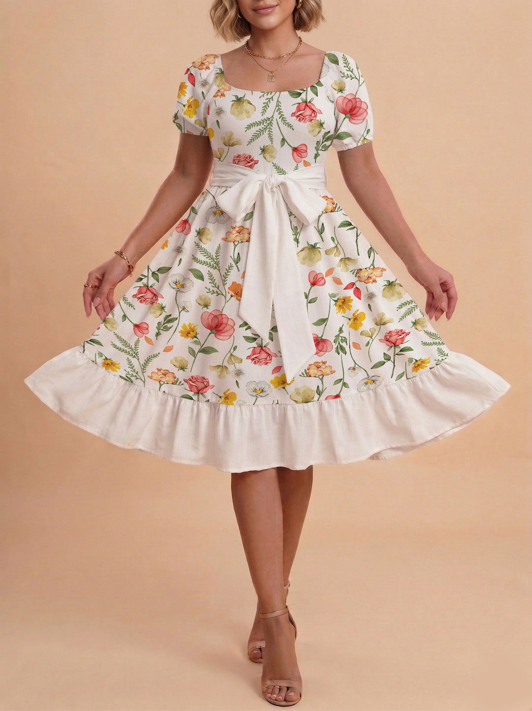 Damen Blumenkleid mit taillierbarem Gürtel und voluminösen Ärmeln Echo Archiv