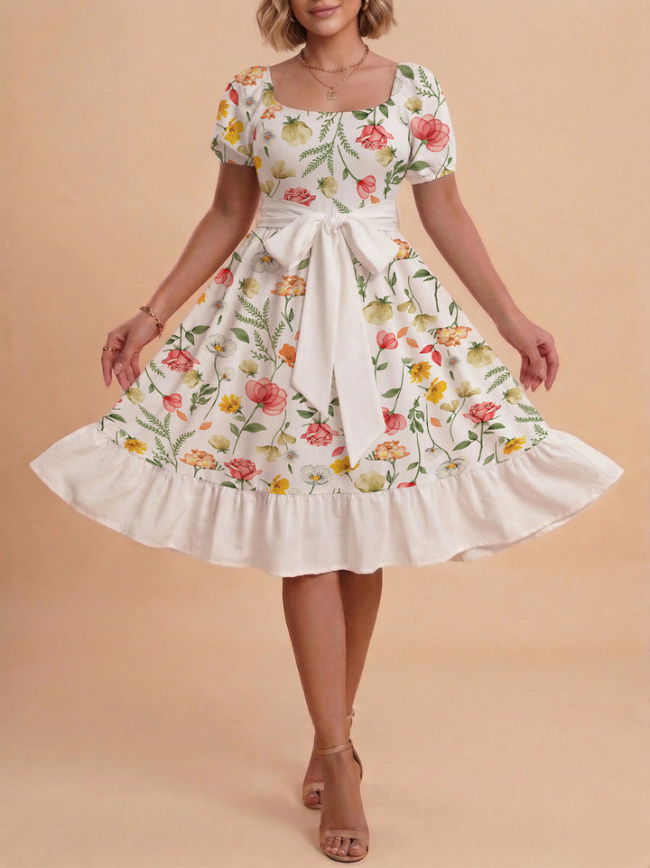 Damen Blumenkleid mit taillierbarem Gürtel und voluminösen Ärmeln Echo Archiv