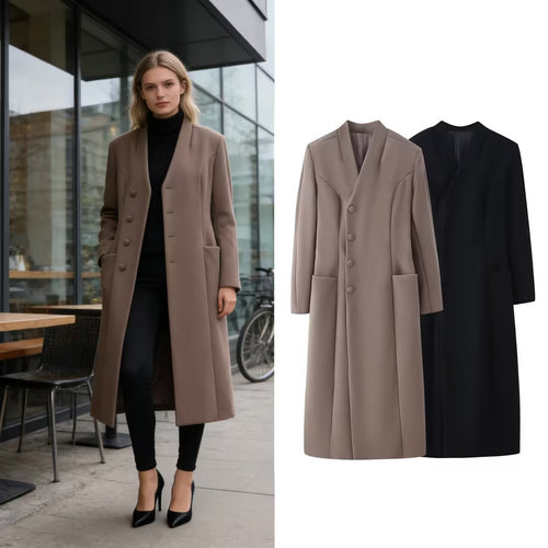 Damen Eleganter Wolloptik-Maximantel mit verdeckter Knopfleiste und aufgesetzten Taschen Echo Archiv