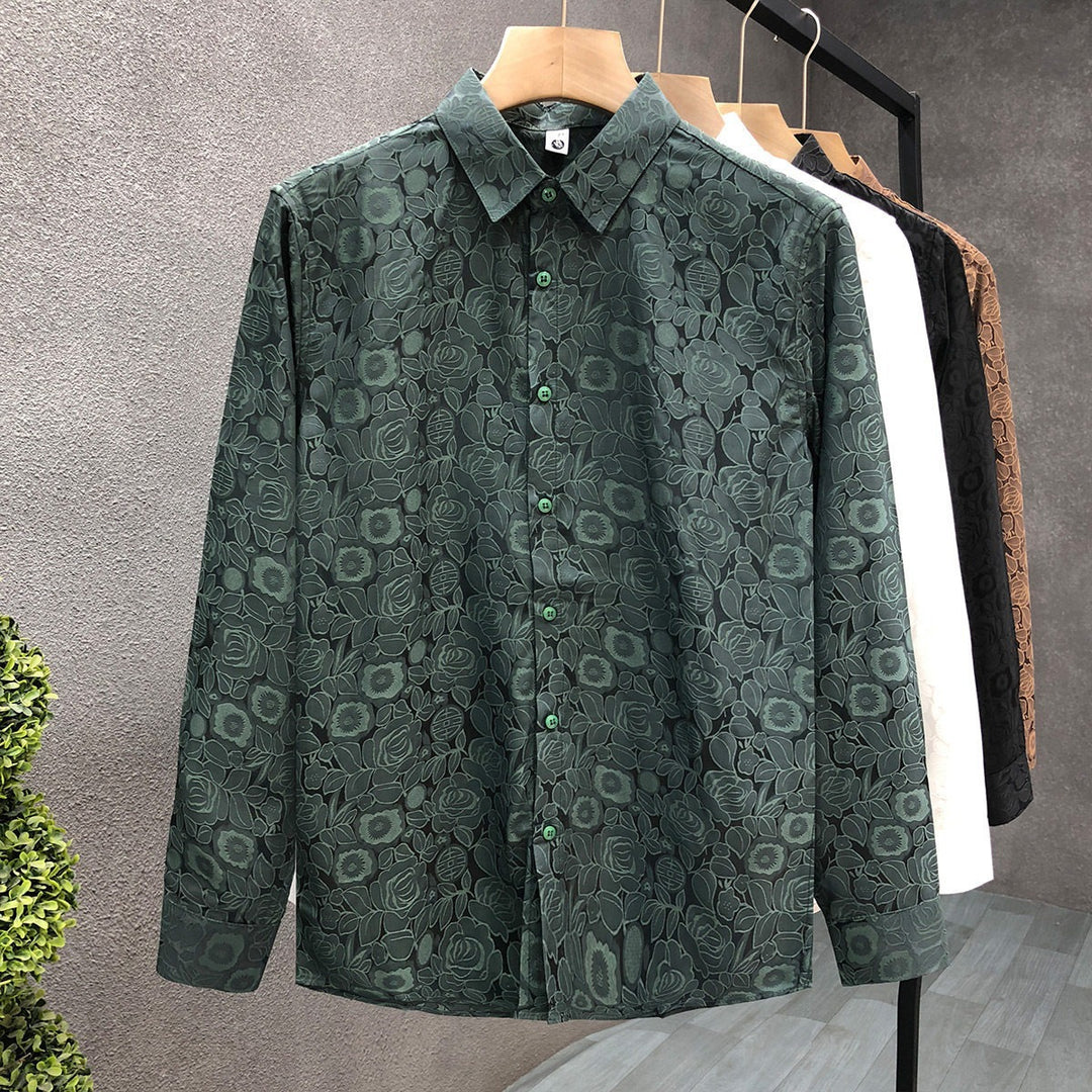 Herren Langärmeliges Jacquard-Hemd mit feinem Blumenrelief und Kentkragen – Arvello