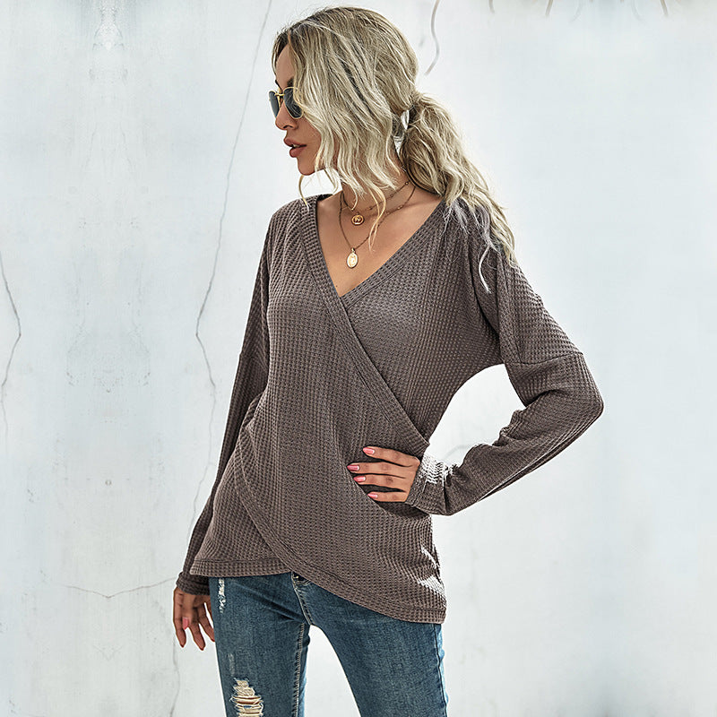 Damen Waffelstrick‑Wickelshirt mit V-Ausschnitt und langer Oversize-Ärmelpassform – Mavelle