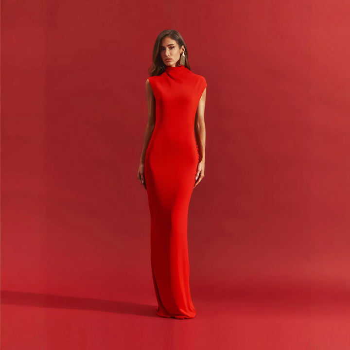 Damen stilvolles Maxikleid mit asymmetrischem Schnitt und hohem Stehkragen Echo Archiv