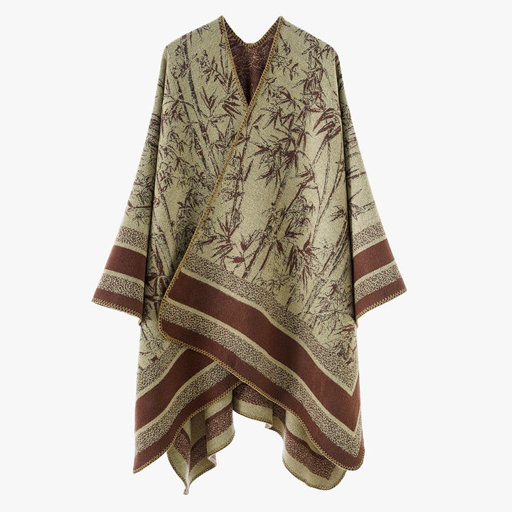 Damen Jacquard‑Poncho im Cape‑Stil mit Bambusmotiv und offener Vorderseite – Avérine
