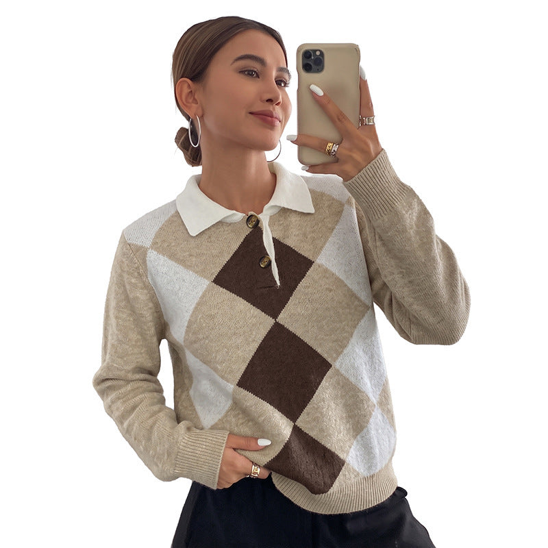 Damen Elegante Strickbluse mit Polo-Kragen und Karomuster Echo Archiv